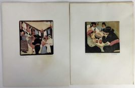 E Mitchell, two woodblock prints - Spanish scenes, both signed and titled, 11cm x 11cm, unframed