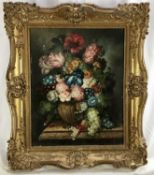 L.S. Martin oil on wood board - Still life of summer blooms, signed, in ornate gilt frame, 40cm x 50