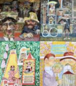 Vincent Bennett (1910-1993) five works, oil on board - ‘Omnibus’, signed and dated ‘74 and four othe