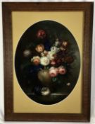 Emilio Greco oil on wood board - still life of flowers, 38.5cm x 49cm in oval mount, 51cm x 68cm ove