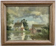 Jack Welbourn oil on board - Suffolk Farmhouse Hinton 'High Poplars', monogrammed, 23cm x 18cm, Past