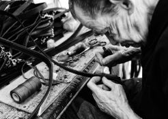 Jayne Odell black and white photographic print, 'Stitching bridles', 100cm x 71cm