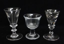 TWO TOASTING GLASSES & A FIRING GLASS, former two with deceptive conical bowls 10.5 & 11cms h,