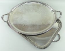 TWO ELECTROPLATED TEA TRAYS, one Victorian and oval with floral and scallop shell engraved centre