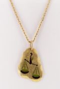 18CT YELLOW GOLD PENDANT depicting balancing scales on 18ct yellow gold rectangular link chain