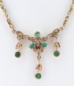 YELLOW GOLD EMERALD & DIAMOND NECKLACE, of leaf and foliate design, stamped '750', 42.5cms long,