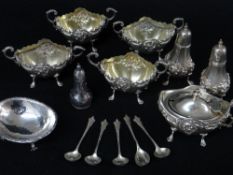 LATE VICTORIAN SILVER CRUET / CONDIMENT SET comprising four twin-handled salts and spoons, mustard