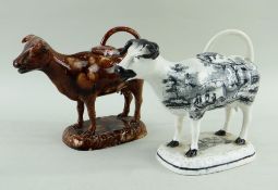 TWO SWANSEA COW CREAMERS comprising (1) brown glazed version and Baker Bevans & Irwin black transfer