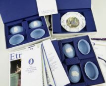 FOUR MODERN WEDGWOOD BLUE JASPER OVAL BOXES & A CHINA PIN DISH, boxed in Wedgwood International