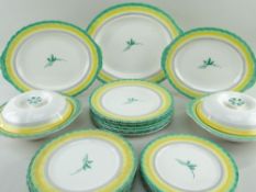 GRINDLEY ART DECO DINNER SERVICE FOR SIX, yellow and green banded border with stylised foliate motif