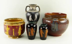 ASSORTED CLASSICAL REVIVAL PRINTED POTTERY, comprising Staffordshire 'Etruscan' vase, 28.5cms