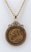 EDWARD VII GOLD HALF SOVEREIGN PENDANT, 1908, in 9ct gold mount on 9ct gold chain, 14.9gms