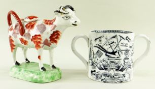 19TH CENTURY SWANSEA POTTERY COW CREAMER & LOVING CUP, the cup printed with 'Speed the plough' verse