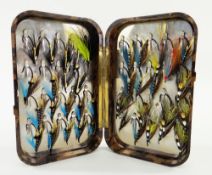 FISHING: HARDY 'NERODA' BAKELITE FLY BOX FLIES, containing 37 apparently unused salmon flies tied on