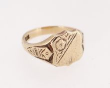 9CT GOLD SIGNET RING, shield design, ring size X, 7.6gms Provenance: private collection Rhondda