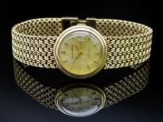 9CT GOLD BUECHE GIROD LADIES BRACELET WATCH, c. 1975, baton indices, manual wind, centre seconds,