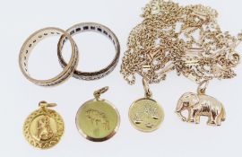 ASSORTED GOLD JEWELLERY comprising two 9ct gold eternity rings, 9ct gold elephant charm, two 14K