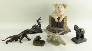 ASSORTED METAL ORNAMENTS, including art deco spelter sculpture of two hares nibbling lettuce after