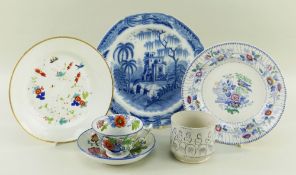 GROUP OF WELSH POTTERY & PORCELAINS ETC including (1) Swansea porcelain circular plate, enamelled