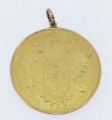 AUSTRIAN 4 DUCAT GOLD COIN, 1915, Franz Joseph I facing right, in pendant mount, 15.2gms Provenance: