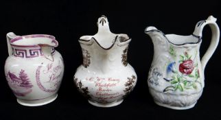 THREE DOCUMENTARY ANTIQUE WELSH POTTERY OR WELSH RELATED JUGS comprising (1) pearlware pink lustre