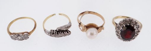 ASSORTED RINGS comprising two diamond set rings, 18ct gold garnet and diamond cluster ring and a