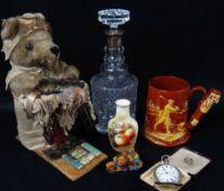 ASSORTED CERAMICS, GLASS, TOYS & POCKET WATCH, including modern silver mounted cut glass decanter,