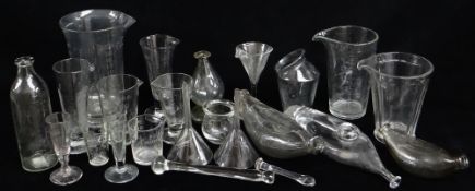 ASSORTED MEDICAL OR PHARMACEUTICAL GLASSWARE, including two funnels, three feeding bottles (two