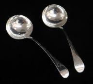PAIR GEORGE III 'OLD ENGLISH' PATTERN SAUCE LADLES, maker I.M, London 1785 bright cut decoration