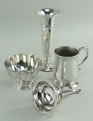 ASSORTED SILVER comprising modern silver wine funnel, Mappin & Webb flared vase, Christening mug