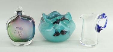 THREE STUDIO GLASS ITEMS, comprising PATRICK STARR cream jug with mottled bleu glass handle, 12cms