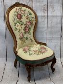 VICTORIAN SPOON BACK SALON CHAIR, carved walnut with floral tapestry style upholstery on white pot