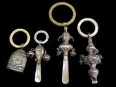 BABY'S SILVER RATTLES/TEETHERS (3) PLUS ONE OTHER to include a whistle with bells example having a