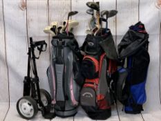 GOLFING INTEREST - two mixed quantities of golf clubs in carry bags, fold-up trolley, a further