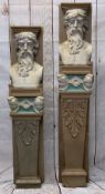 ARCHITECTURAL GLAZED STONEWARE PILLARS (2) depicting a bearded man and torso above a turquoise