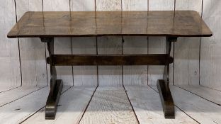 REPRODUCTION ELM REFECTORY DINING TABLE, the three plank knotty top with cleated ends and platform