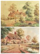 E RICHARDS watercolours, a pair - bonneted ladies feeding hens and ducks with buildings to the
