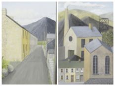 CLIO MANSEL BROAD watercolours (2) - Welsh mining street with terraces and slag heap in the