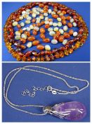 LARGE PEAR SHAPE AMETHYST SILVER MOUNTED PENDANT WITH CHAIN - 28.9grms and a DARK AMBER NECKLACE,