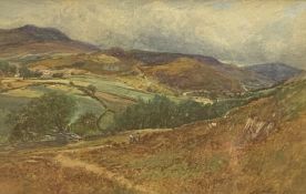 THOMAS SWIFT HUTTON watercolour - Sychnant Pass with figures and sheep on the hills and buildings to