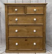 LARGE VICTORIAN STRIPPED PINE CHEST of two short over three long drawers with white porcelain