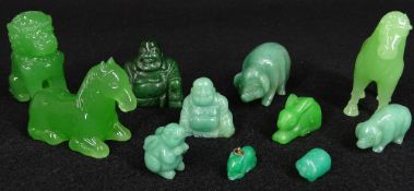 JADE TYPE & GLASS ANIMAL & BUDDHA FIGURINES (11) - pigs, rabbits, horses, seated temple lion, ETC
