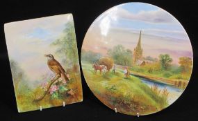 WILLIAM BIRBECK HAND PAINTED PORCELAIN PLAQUES (2), one circular, painted with a countryside scene