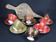 ELIZABETHAN SOVEREIGN CABINET CUPS (6) & SAUCER (5) and a set of repousse brass bellows