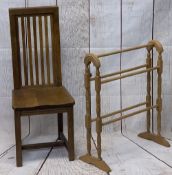 VINTAGE OAK HIGH BACK HALL CHAIR, 102cms H, 42cms W, 36.5cms D the seat and a modern light wood