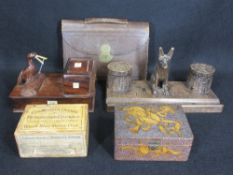 TREEN & OTHER COLLECTABLES GROUP - a Black Forest style dog double inkwell/pen stand, pokerwork