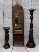 TWO TURNED WOODEN STANDS, 96cms and 52cms H and a mahogany mirrored wall cabinet with interior