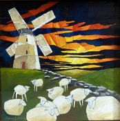 ANDREW SOUTHALL acrylic on box canvas with frame and under glass - Anglesey windmill with grazing