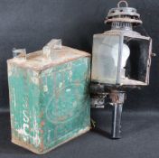 VINTAGE ESSO FUEL CAN WITH RED LINE SCREW ON CAP and a vintage coaching lamp converted to