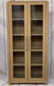 ULTRA MODERN LIGHT WOOD GLAZED TWO DOOR DISPLAY CABINET - 190cms H, 90cms W, 41cms D